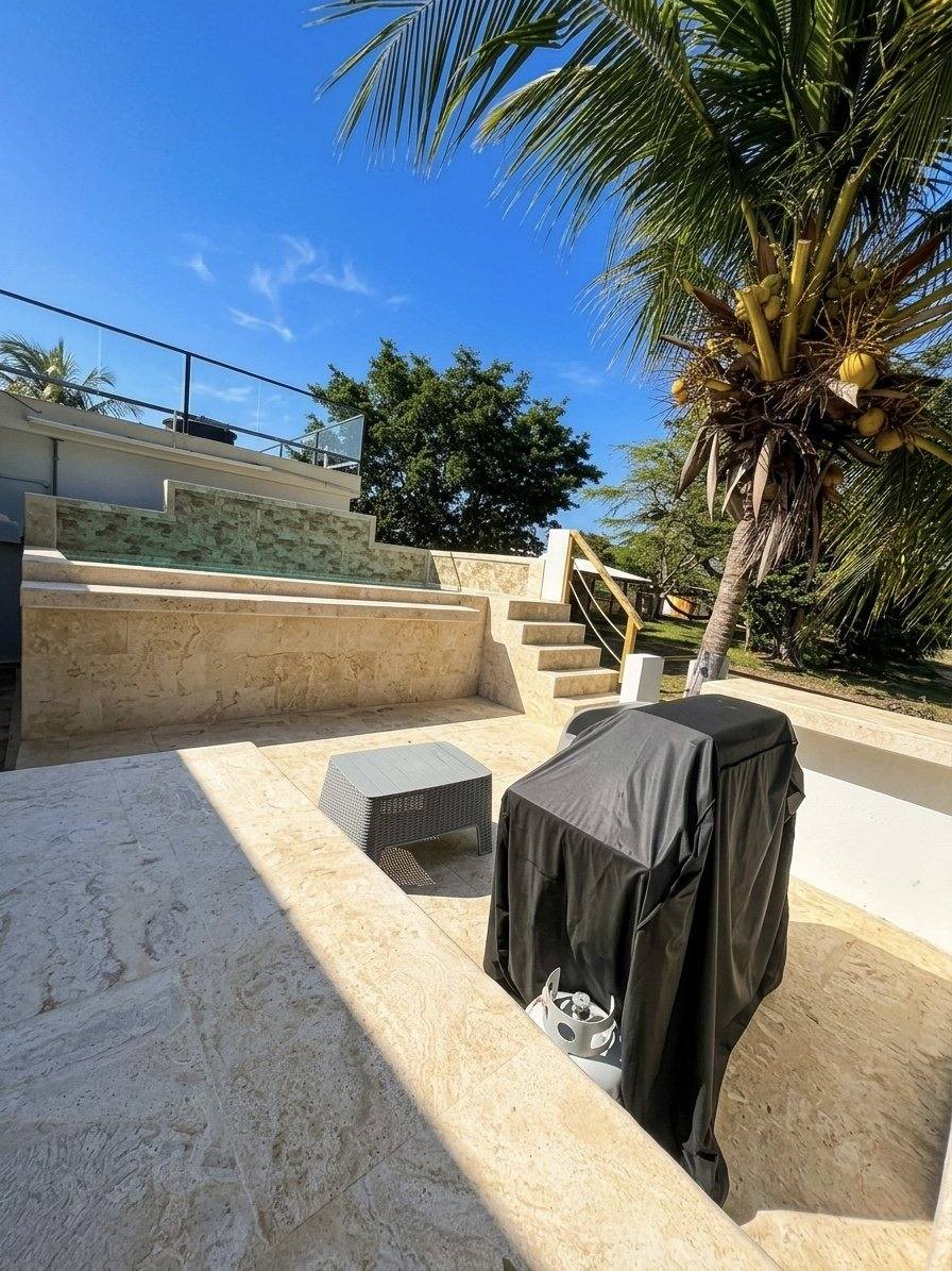 Terraza con palmera junto a piscina de Villa 2